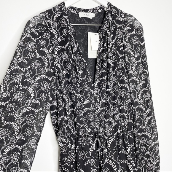 ALC Kate Dress Black White Floral Printed Long Sleeve Midi NWT 6 - Picture 2 of 11